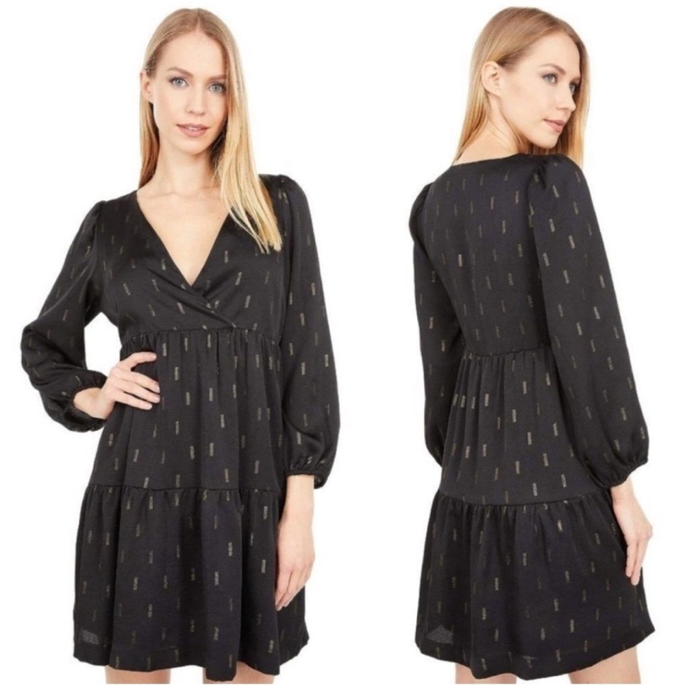 Madewell | Women’s Black Vneck Babydoll Mini Dress Gold Dash Pattern Size S